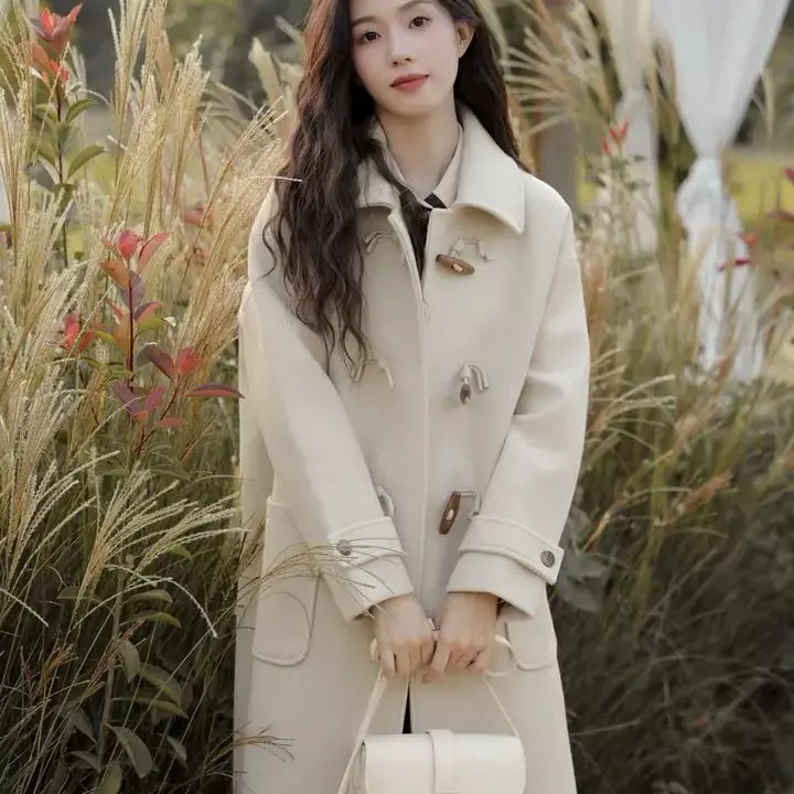 Casaco de lã de algodão de moda coreana, estilo universitário clássico feminino, botão de linha única, casaco de lã feminino de outono e inverno