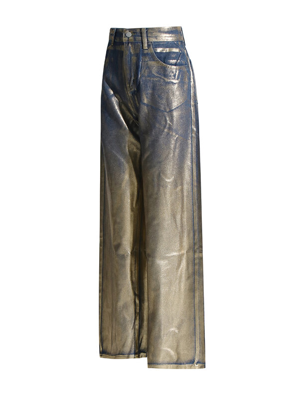 Luźne spodnie na co dzień z kolorowym blokiem twotwwinstyle dla kobiet z wysokim stanem zapinany na guziki Streetwear z prostymi nogawkami damskie modne nowość
