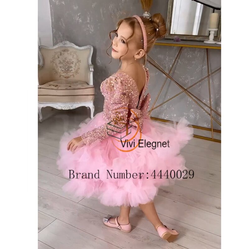 Charming Pink Flower Girls Dresses for Kids 2024 Summer Full Sleeve Christmas Gowns with Sequined New Soft Tulle Vestido De
