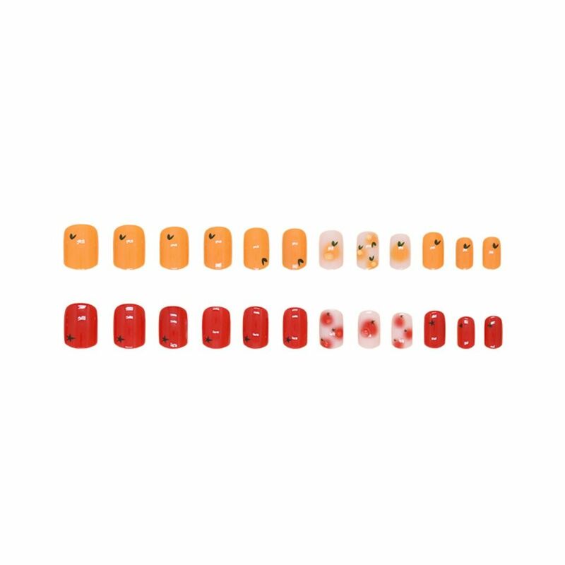 Curto redondo unhas postiças com padrão de frutas, francês unhas falsas, tampa completa, destacável, bonito, laranja, unhas dicas, 24pcs