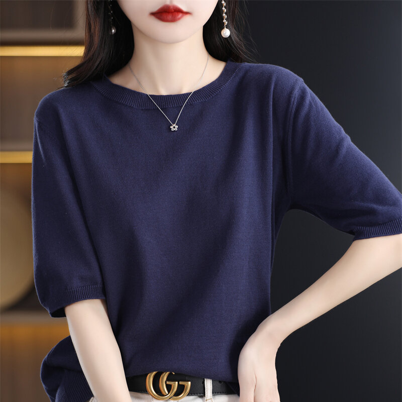 Pullover S-XXL, kaus Sweater katun murni wanita tipis rajut mode musim panas lengan pendek O-neck 100%