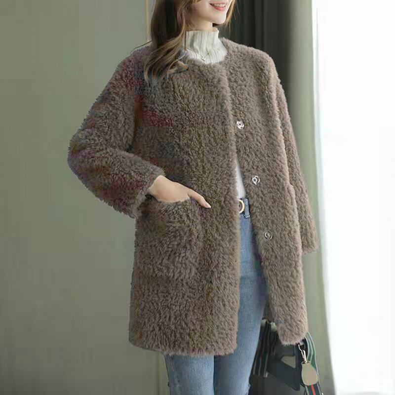 여성용 두꺼운 플러시 보온 카디건, 단색 롱 코트, 라운드 넥 포켓, 중간 길이 레이디 재킷, 겨울 코트