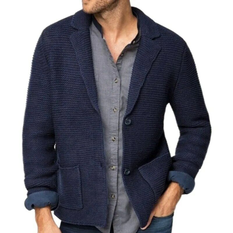 Suéter de manga comprida masculino, blazer de malha, jaqueta lapela, tops masculinos, cardigã, outono e inverno