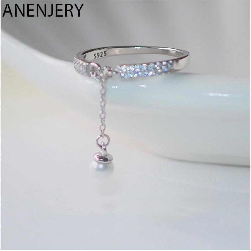 Anenjery prata cor aaa zircão anéis simulado pérola corrente borla ajustável anéis para jóias femininas atacado