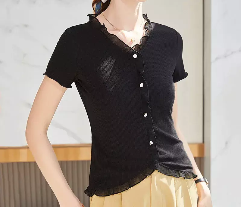 T-shirt de manga curta para as mulheres, roupas casuais, decote em v, branco/cor preta, wj015, verão, novo