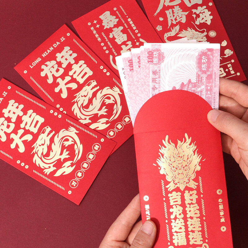 Lot de 6 enveloppes rouges de dessin animé du zodiaque chinois, enveloppe porte-bonheur pour le nouvel an chinois, 2024