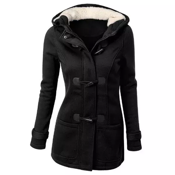 Oversize Women Cotton Horn Button Slim Casual Coat Winter 2024 New Parkas Long Sleeve Warm Jacket Grey Solid Hood Pocket Coat