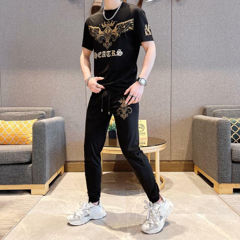 Men's High-end Leisure Sports Suit Summer New Youth Fashion Crewneck Short-sleeved T-shirt Trousers Two-piece Set