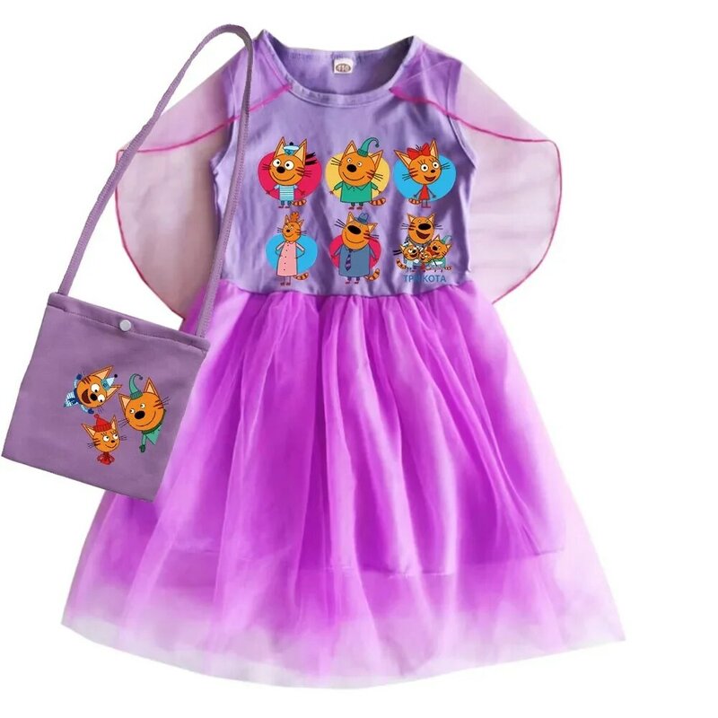 Anime Kid-E-Cats Clothes Little Girls Short Sleeve Casual Dresses & Bag 2pcs Suit Kids Halloween Carnival Princess Lace Vestidos