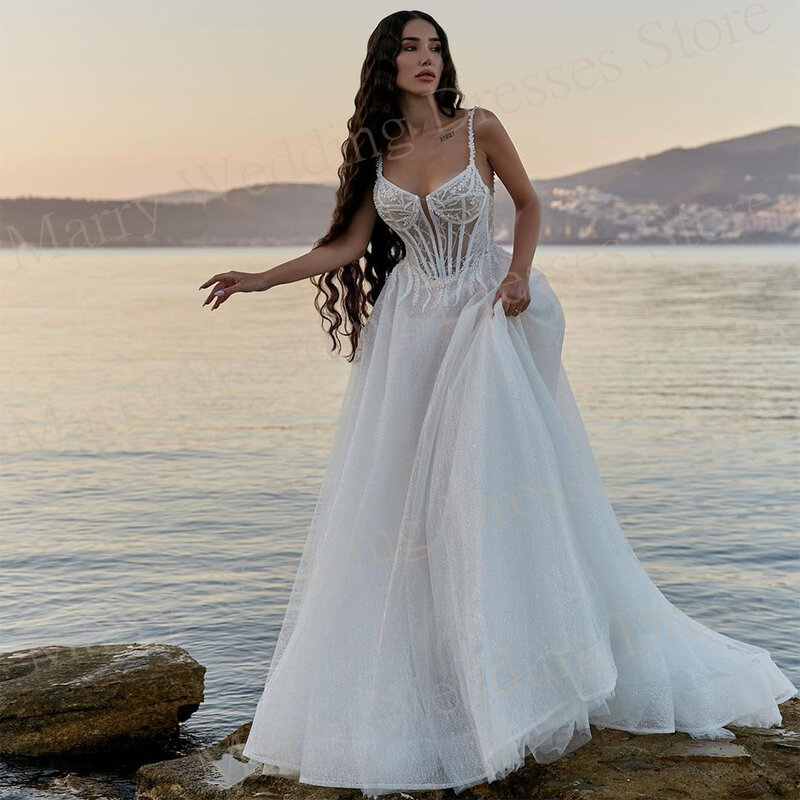 Exquisite Brilhante Querida Vestidos De Noiva, Modest Lace, Apliques, Spaghetti Straps, A-Line Princesa, Vestidos De Noiva