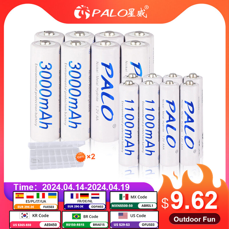 PALO 1.2V AA  Rechargeable Battery + 1.2V AAA Rechargeable Batteries with Smart AA Battery Charger for 1.2v Ni-MH AA aaa Battery