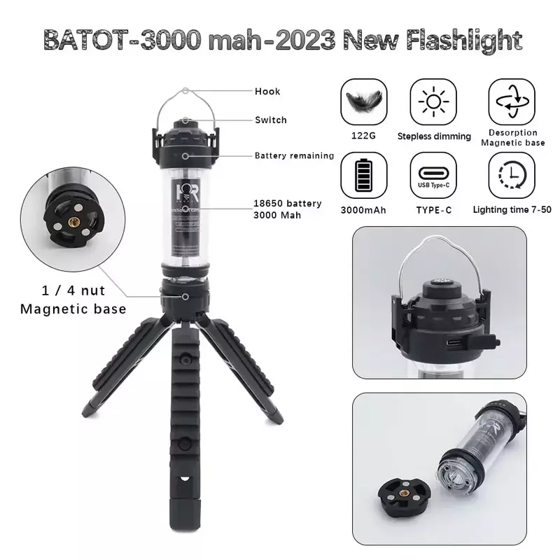 BATOT-LEDキャンプライト、USB充電式、5つの照明モード、テント用懐中電灯、ポータブルランタン、緊急灯、キャンプ用品、3000mah