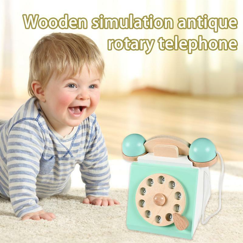 Mainan telepon berputar Retro, kayu, telepon antik, Model telepon lama, mainan interaktif, hadiah pendidikan dini untuk anak-anak