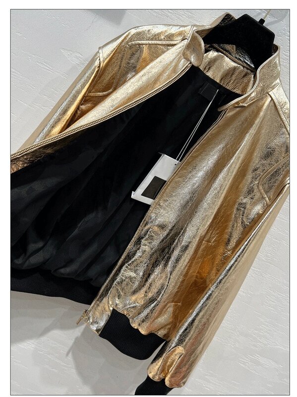2024 wiosna jesień koreański styl moda damska wysokiej jakości prawdziwa skóra kożucha złota/srebrna kurtka C802