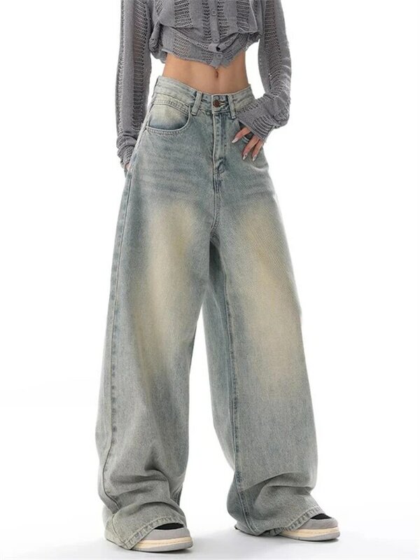 Celana panjang Denim Vintage wanita, bawahan Denim lurus pinggang tinggi gaya netral kasual jalanan Jeans tipis Dicuci Amerika