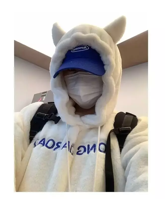 Mantel Musim Dingin Sweter Telinga Kelinci Manis Krem untuk Pria dan Wanita Versi Korea Baru Longgar Kasual Hoodie Atasan Berkerudung untuk Wanita