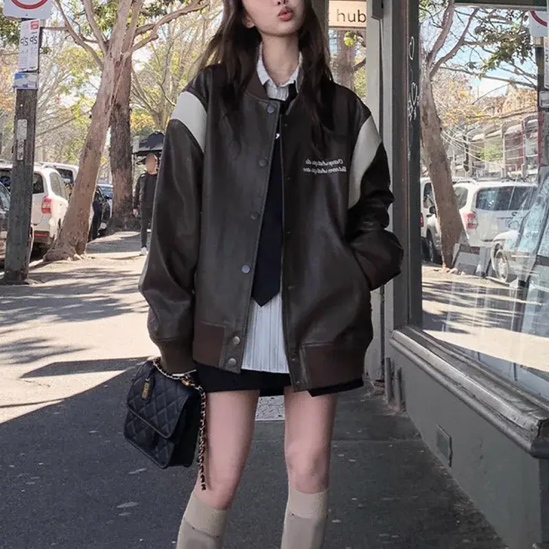 Jaket bisbol kulit Fashion Retro mantel atas wanita, jaket pu mantel atas gaya jalanan unik manis 2023