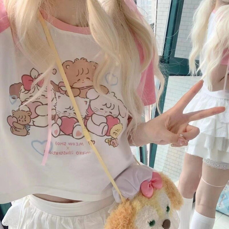 Kaus lengan pendek merah muda lucu Deeptown untuk wanita kaus Anime Harajuku ukuran besar musim panas Y2k Kawaii gaya Jepang 2000s