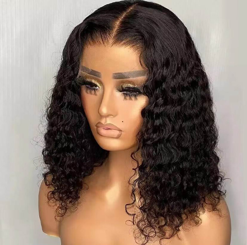 Short Curly Human Hair Bob Wig Deep Wave Transparent 13*4  Lace Front Wig 180% Density Transparent Brazilian Remy 100 Human Hair