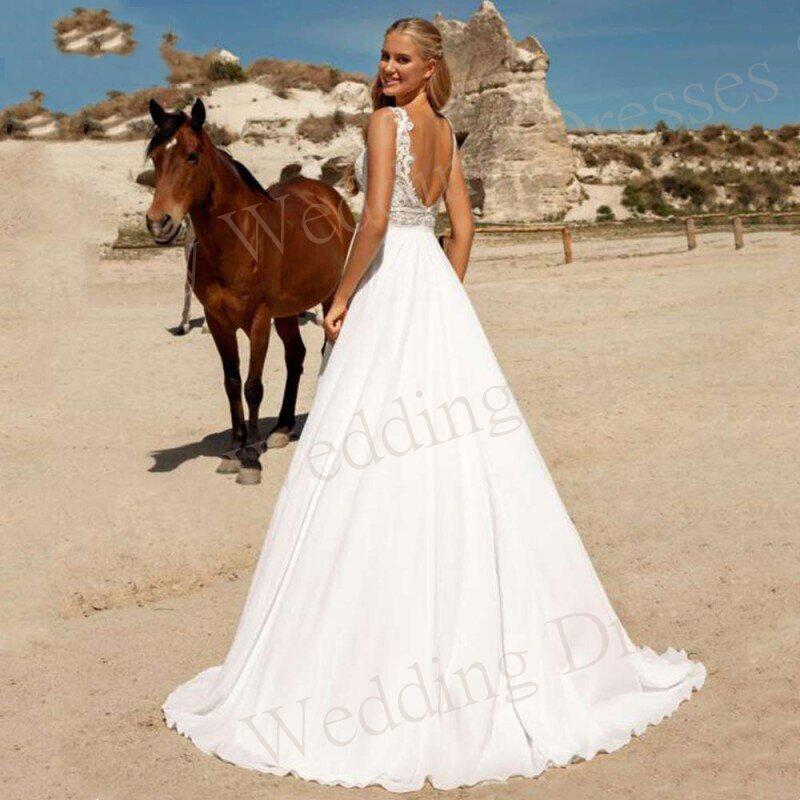 Simple Charming Sweetheart A-Line Wedding Dresses Lace Appliques Chiffon Bride Gowns Sexy Sleeveless Backless Vestidos De Novia