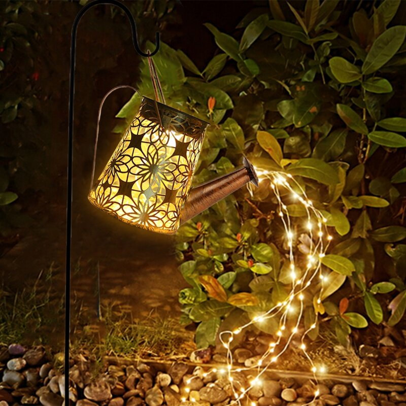 Solar Watering Can Lamp Hanging LED Waterfall Watering Can Art Lights Retro Copper Garden Light Waterproof String Fairy Light