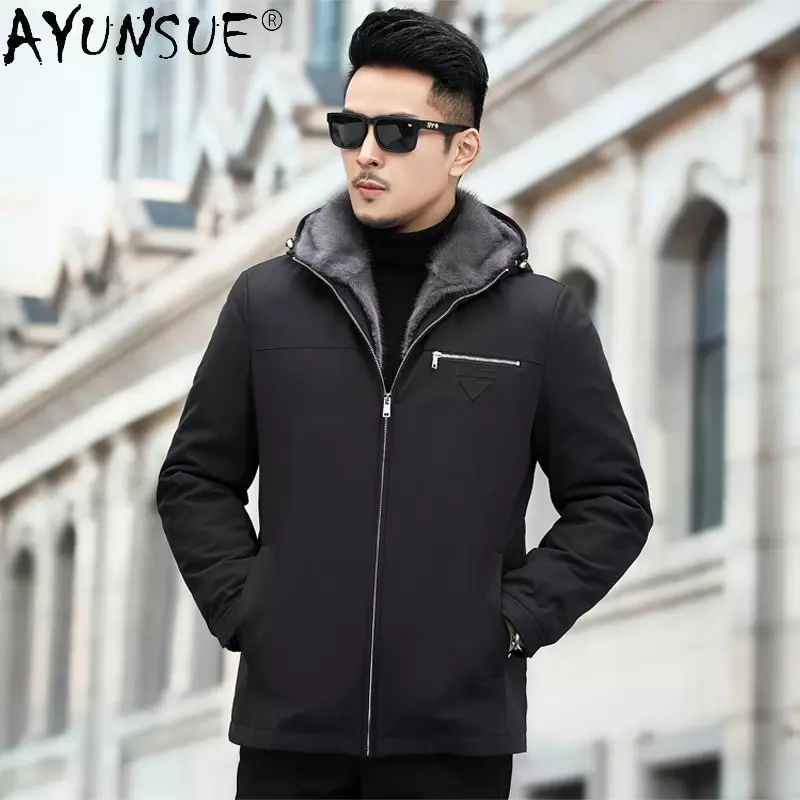 AYUNSUE 남성용 탈부착식 밍크 모피 라이너, 남성용 후드 재킷, 캐주얼 블랙 파카, 겨울 2023, 하이엔드