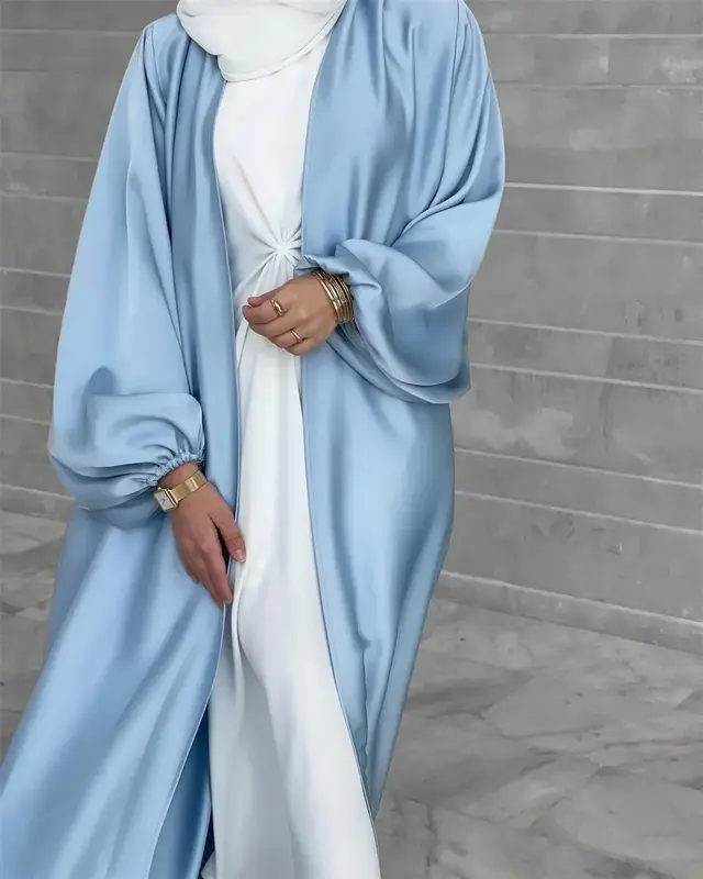 Abayas caftán musulmán con mangas abullonadas para mujer, vestidos de ramadán de longitud Maxi con cordones, Abayas frontales abiertas, abrigos de cárdigan