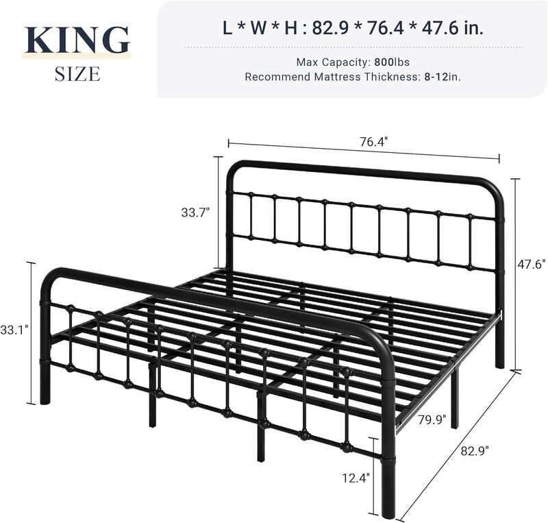 Allewie duży rozmiar metalowa łóżko z pełnymi bokami rama z wiktoriańskim zagłówkiem/podnóżkiem w stylu wiktoriańskim, bez sprężyny, czarny