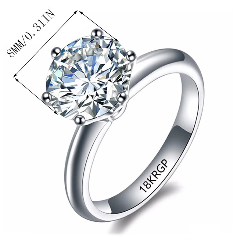 Never Fade Luxury Classic 18K White Gold Color Ring Solitaire 2 carati Zirconia Diamant Wedding Band accessori per gioielli da donna