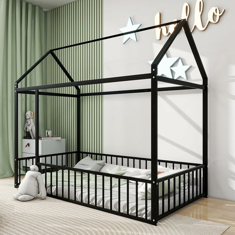 Montessori Floor Bed, Metal House Bed Frame, House Floor Bed for Kids, Montessori Floor Bed with Fence, Playhouse for Kids