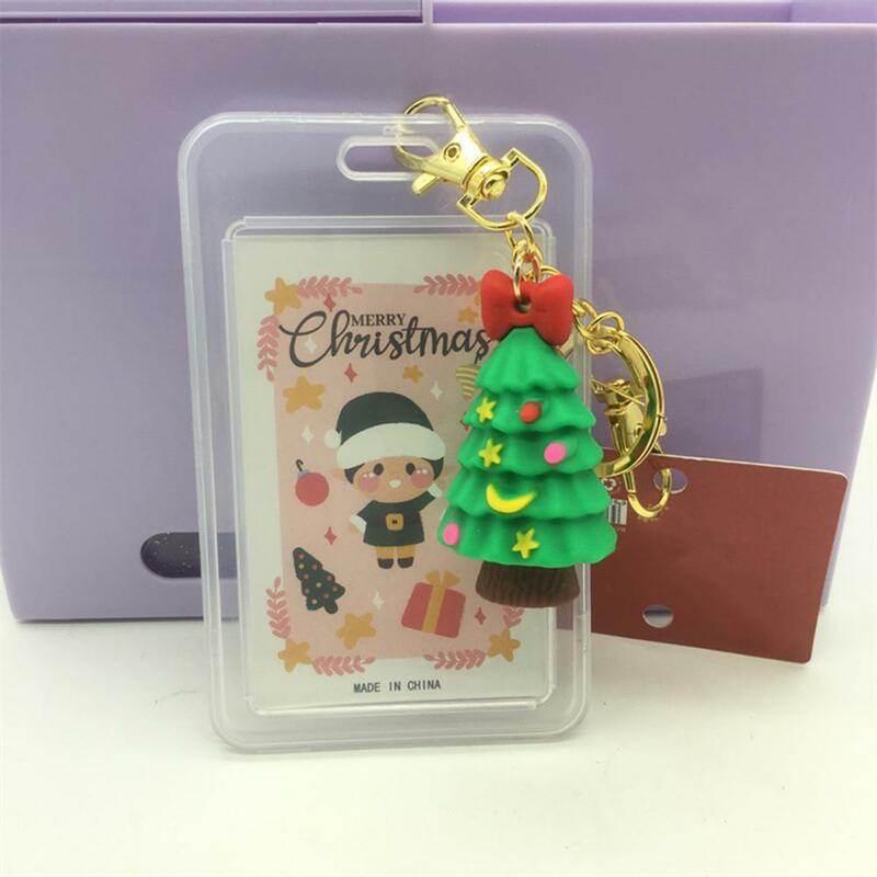 Dustproof Card Holder Waterproof Double-sided Transparent Plastic Card Holder with Christmas Tree Snowman Pendant Keychain Card