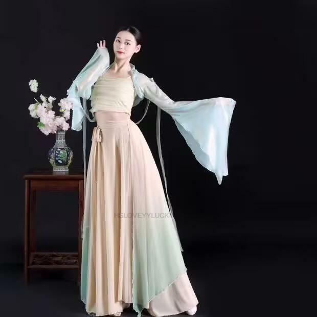 فستان أداء الرقص التقليدي الصيني ، نمط فضفاض ، أنيق ، كلاسيكي ، تدريب ، Hanfu ، زي تشيباو ، 3 قطعة