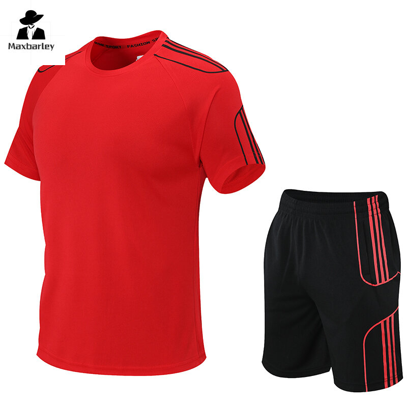 Pakaian olahraga pria, musim panas kaus + celana pendek kasual longgar untuk latihan Gym lari pagi