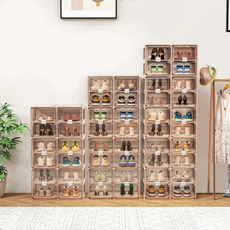 Shoe Cabinet with Doors, One Piece Portable Storage Rack, Easy to Assemble Plastic Clear Box Foldable Storage Cabinet 10 Shelves