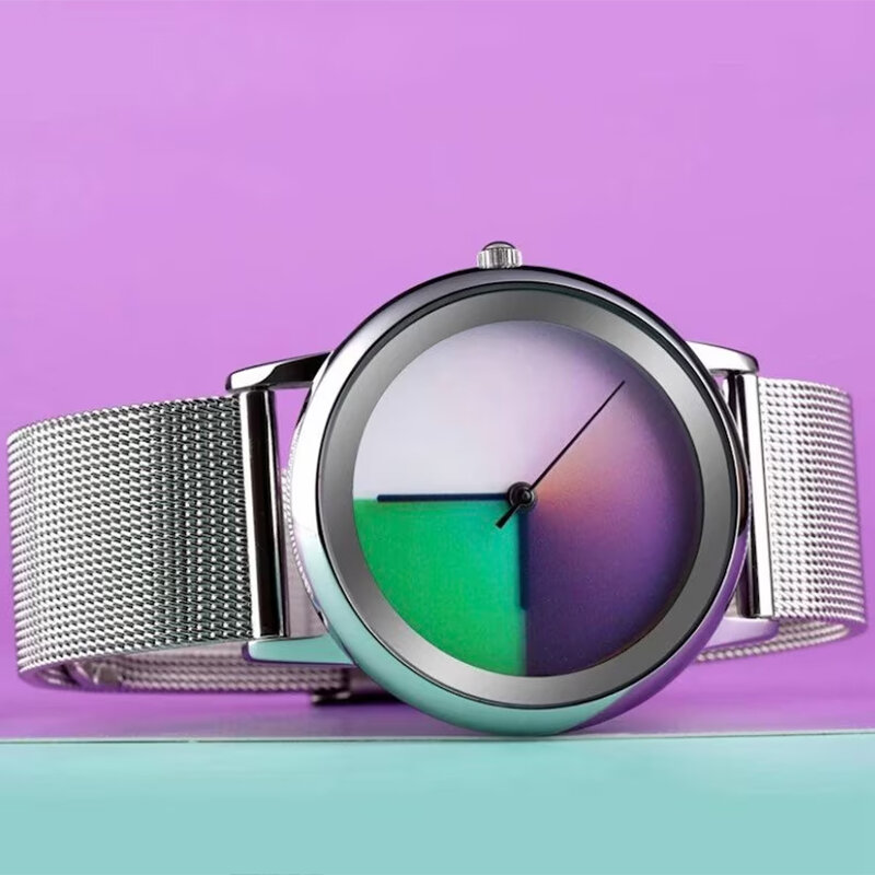 Новые уникальные женские часы, модные повседневные часы с цветным меняющим циферблатом, кварцевые часы на запястье, простые ультратонкие стальные женские часы, специальный подарок