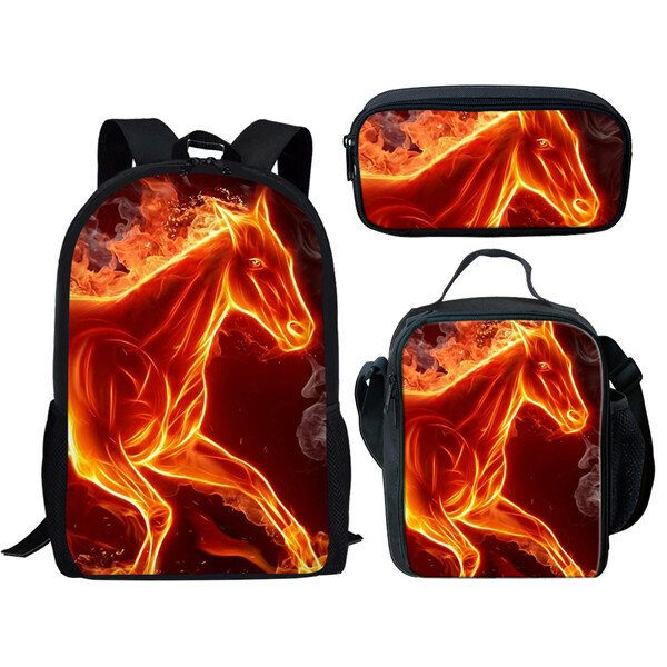 Popularny kreatywny zabawny ogień szalony koń 3D nadruk 3 sztuk/zestaw szkolne torby mała torba na laptopa plecak torba na Lunch piórnik