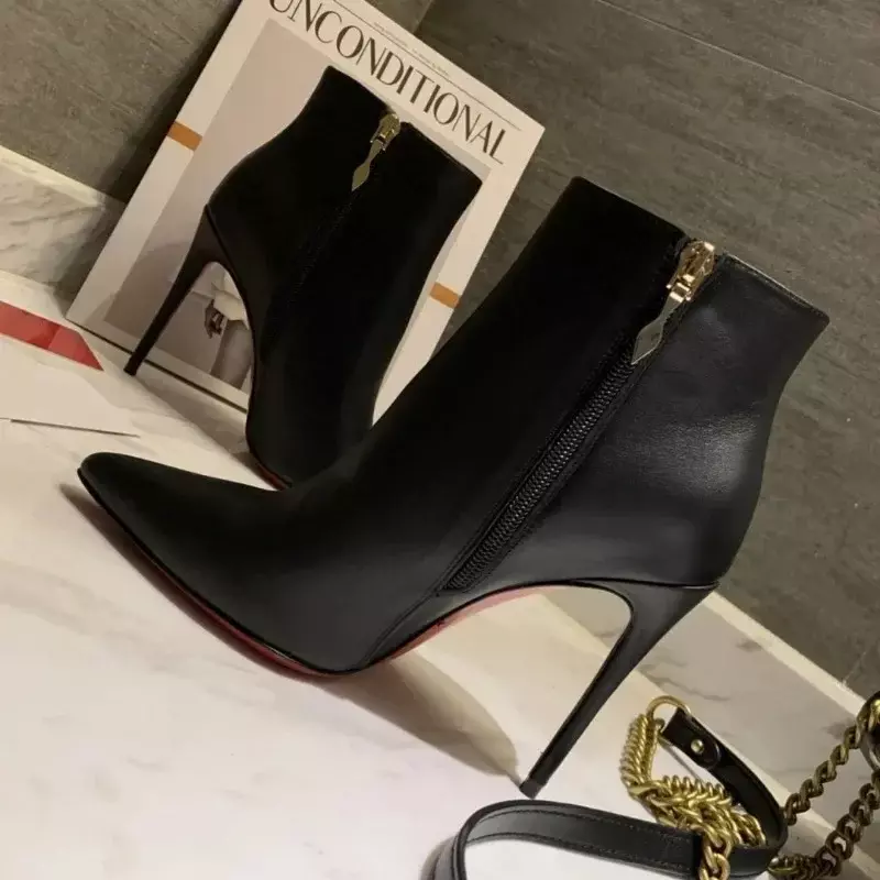 Zapatos de tacón alto de lujo para mujer, botas de tacón alto de 0-12cm, con suela roja brillante de cristal, de diseñador Retro clásico, de alta calidad