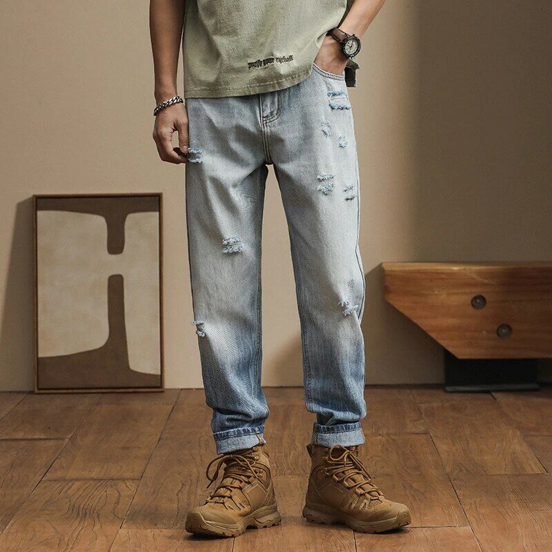 Celana Harlan longgar pria, jeans tren Harlan kasual gradien lubang lancip mikro merek modis musim semi dan musim panas