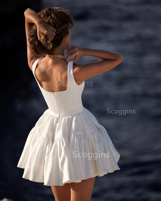 A-Line Wedding Dress For Women Boat-Neck Mini-Length Sleeveless Satin Pleats Ruching Wedding Gowns Sleeve Evening Dresses