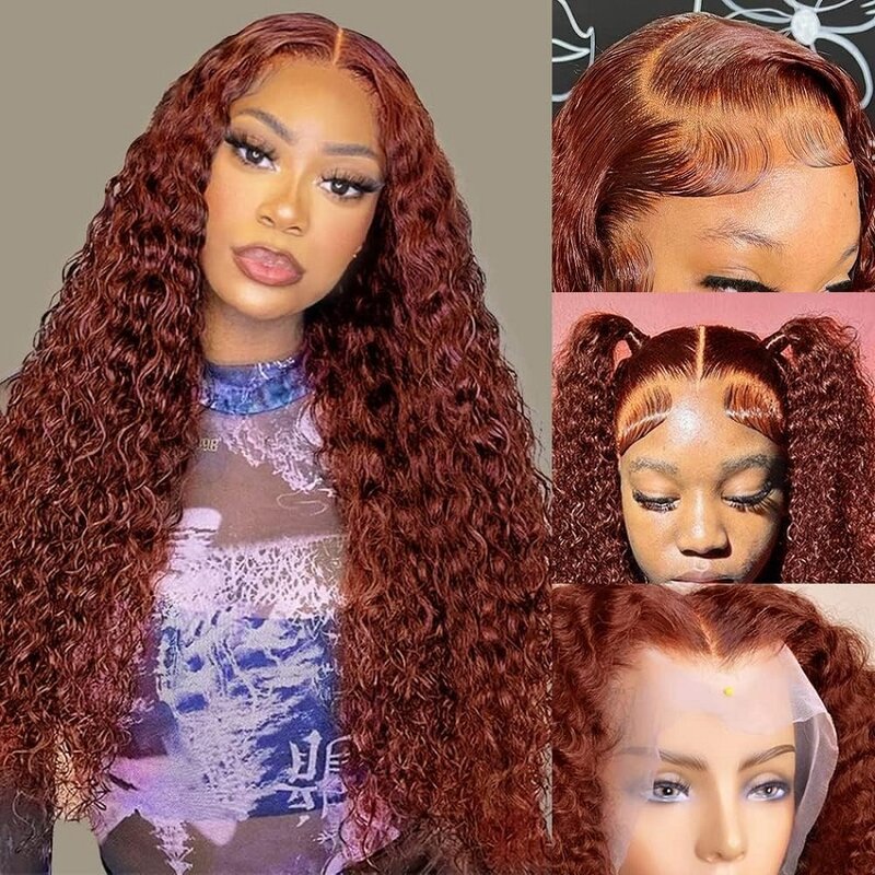 Pelucas frontales de encaje marrón rojizo para mujer, cabello humano de onda profunda 13x4, color rojo cobre, 200%