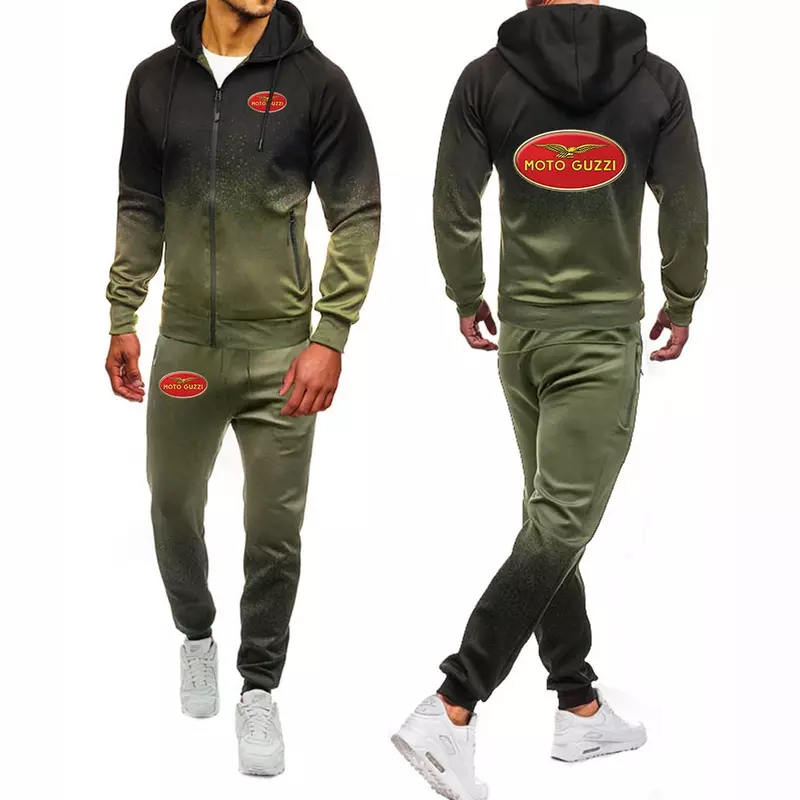 MOTO GUZZI Men 2024 New Spring And Autumn Warm 2 Pieces Set Casual Gradient Color Sports Long-sleeved Pants Suit Streetwear