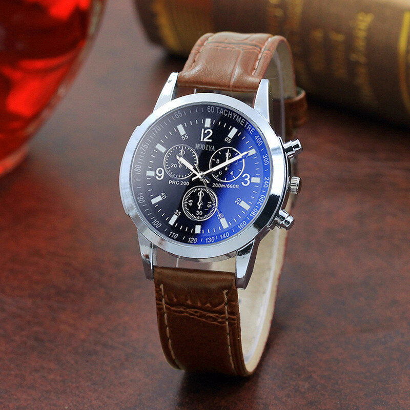 Luksusowe zegarki promień szkło Blu dla mężczyzn neutralny kwarc symuluje zegarek marki pasek skórzany na co dzień zegarki Reloj Hombre