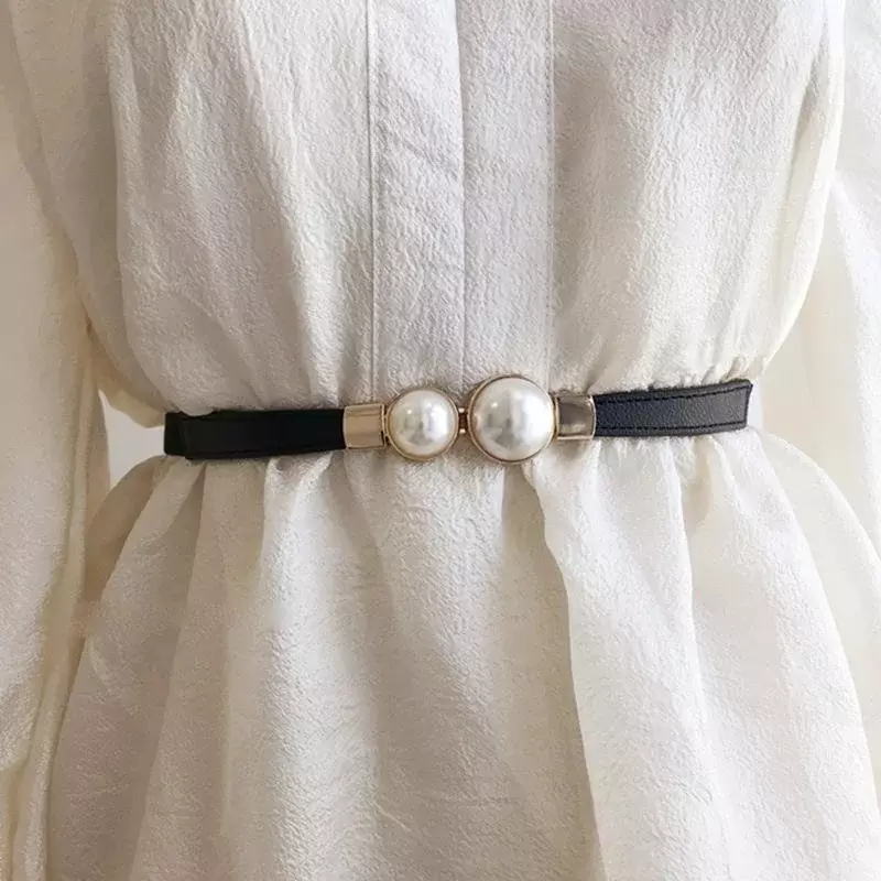 Women Double Pearl Belt PU Leather Dress Skirt Waist Elastic Thin Belts Ladies Waistband Belts for Women Luxury Design 2024