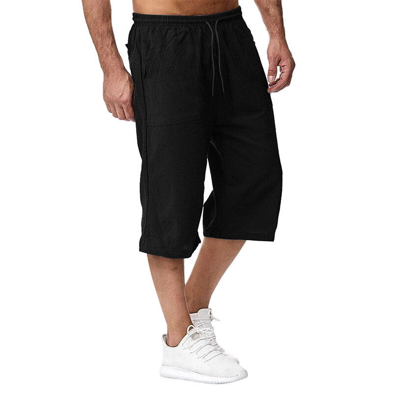 Summer Men's Casual Shorts Cotton Blended Long Elastic Waist Loose Pocket Drawstring 3/4 Length Shorts Daily Street Wear
