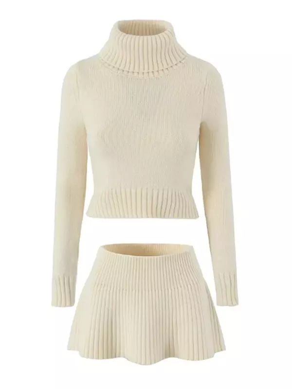 Strick pullover Minirock 2-teiliges Set Frauen flattert High Neck Langarm Top A-Linie Kurzrock Set Herbst Streetwear