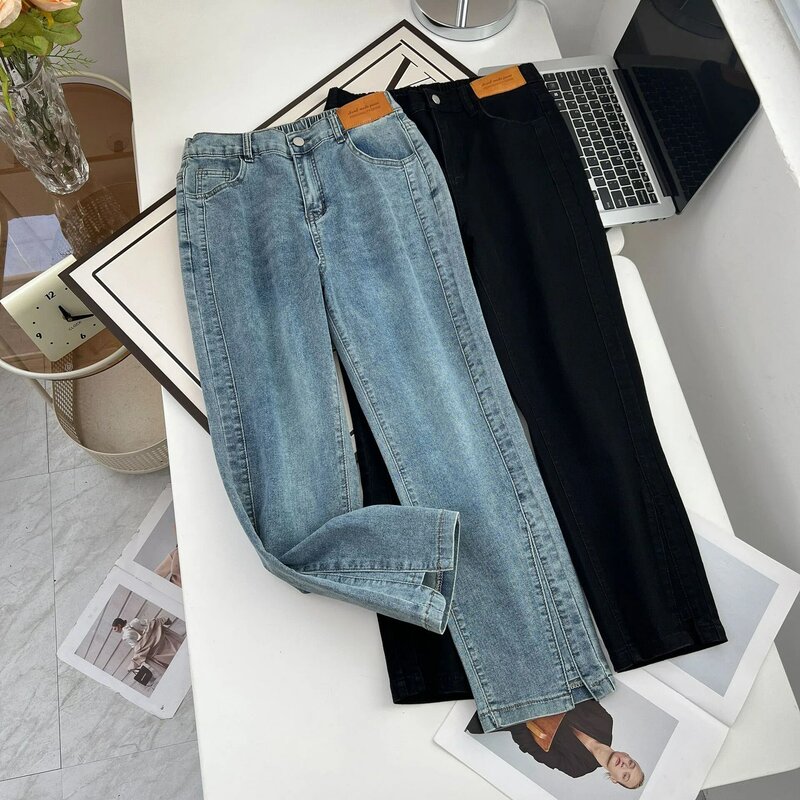 Джинсы женские демисезонные 100 кг, с разрезом на штанинах, повседневные Прямые джинсовые брюки до щиколотки, модель 1649