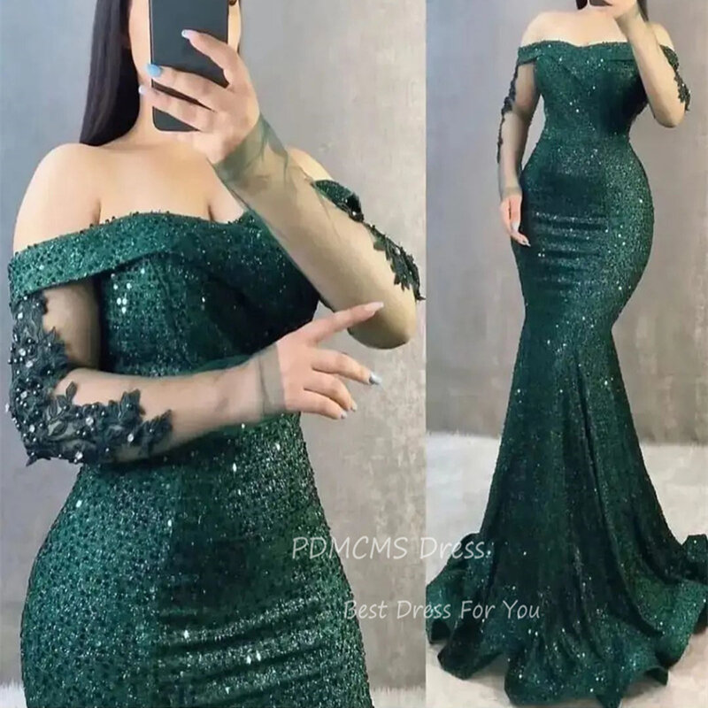 Błyszczące zielone suknie wieczorowe syreny z cekinami z długim rękawem i długim rękawem aplikacja arabska damska formalne suknie balowe seksowna Plus Size