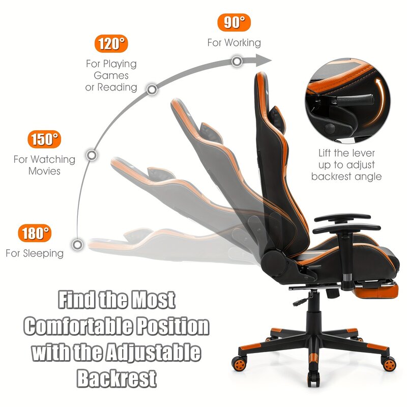 1pc Massage Gaming Chair, Racing Recliner With Lumbar Support, Footrest, Metal Frame, PVC Material, Adjustable Height & Angle, E