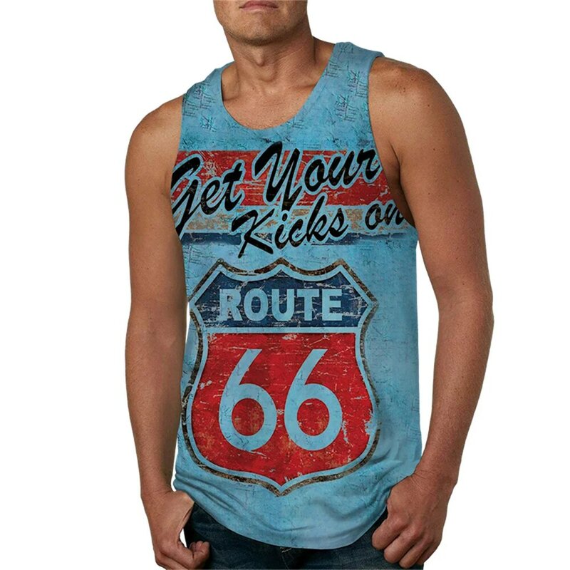 Camiseta sin mangas con estampado 3D de Route 66 para hombre, chaleco muscular para Fitness, ropa de calle Hipster informal, novedad de verano 2022