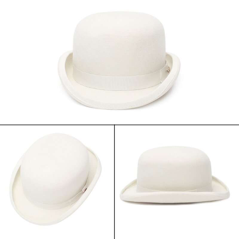 قبعة فيدورا من الصوف باللون الأبيض ذات حافة قصيرة قبعة ساحر هدية مفاجئة لصديقها دروبشيب